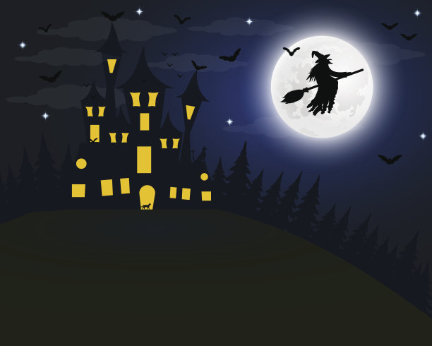 万圣节，女巫的房子在满月。蝙蝠和一个老g图片下载