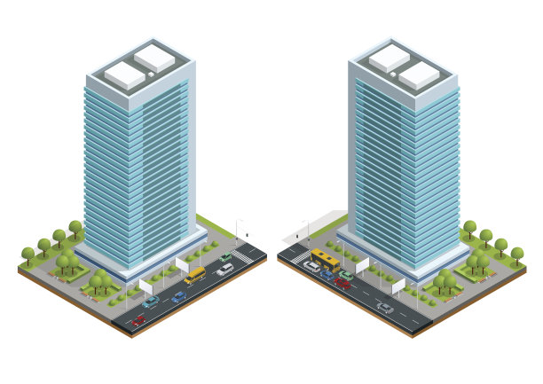 等距城市房屋组成与建筑和道路孤立矢量插图。集合了建筑、住宅、道路、十字路口、交通灯和汽车等城市元素图片下载