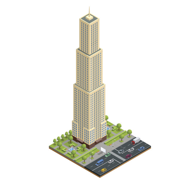 等距城市房屋组成与建筑和道路孤立矢量插图。集合了建筑、住宅、道路、十字路口、交通灯和汽车等城市元素图片下载
