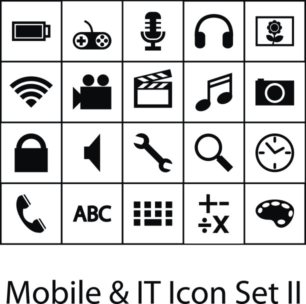 它和移动智能手机和它的图标设置在黑白孤立剪影风格设置一个图片下载
