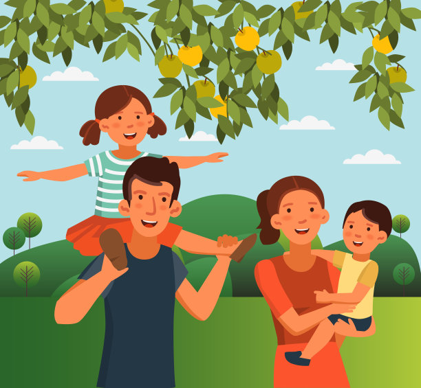 幸福的家庭在花园里玩耍。夏天的风景背景图片下载