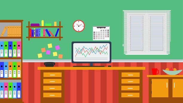 平面设计插图的家庭办公室与活动百叶窗图片下载