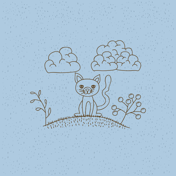 单色手绘景观的猫坐在山上图片下载