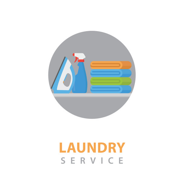 洗衣服务图标插图。堆彩色衣服，电熨斗和洗衣软化剂图片下载