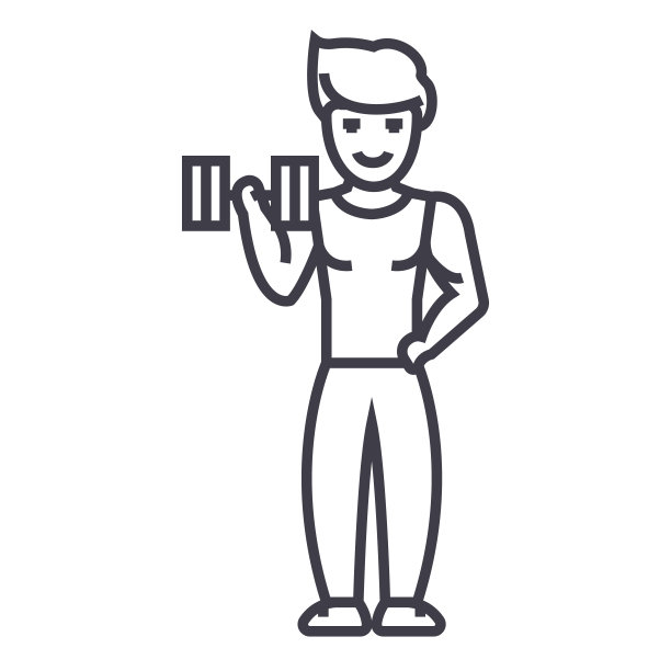 强壮的人做运动与重量在健身房矢量线图标，标志，插图的背景，可编辑的笔触图片下载