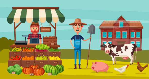 农场设置农民，产品和动物。卡通矢量插图。图片下载
