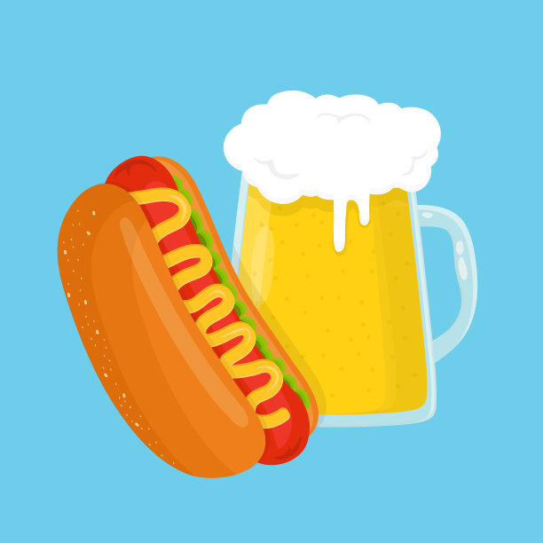 热狗和啤酒杯。矢量平面卡通图片下载