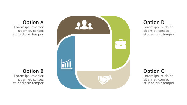 矢量圆箭头信息图、循环图、几何图、演示图。业务概念有4个选项，零件，步骤，流程。16 x9幻灯片模板图片下载