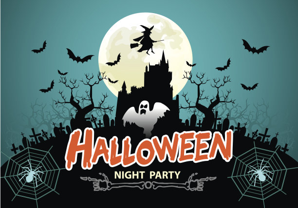 万圣节夜派对绿色节日节日设计矢量插画。图片下载