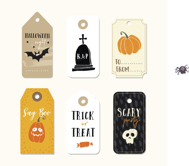 一套可爱的万圣节礼物标签，标签上有南瓜，人头骨，蝙蝠和坟墓。手绘插图。矢量对象隔离在白色背景上图片下载