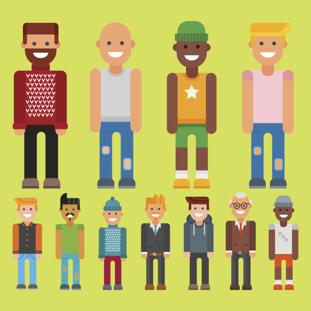 一组男人肖像不同的民族，友谊，性格，团队快乐的人，年轻人小伙子人矢量插图图片下载