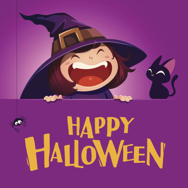 万圣节快乐。有大招牌的小女巫。紫色的背景。图片下载