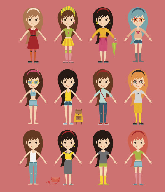 街头时尚女孩，模特，穿着风格，时尚，时尚的女人，人物，衣服看起来矢量插图图片下载