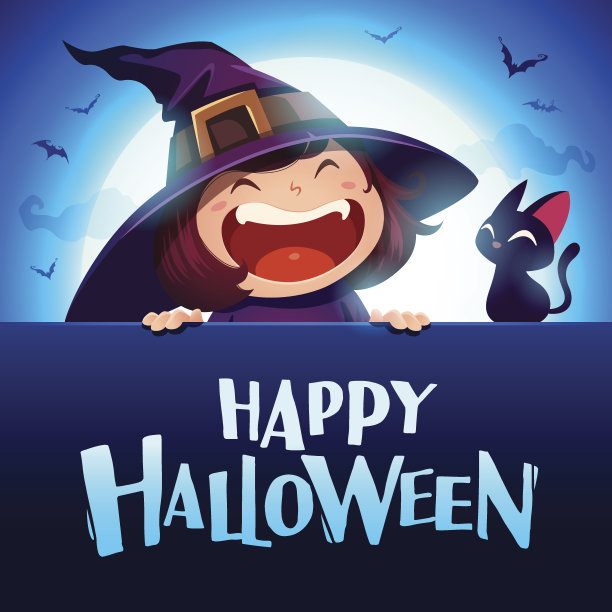 万圣节快乐。月光下挂着大招牌的小女巫。图片下载