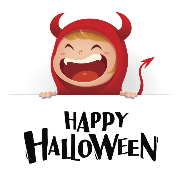 万圣节快乐。红色的魔鬼与大招牌的恶魔。白色背景。图片下载