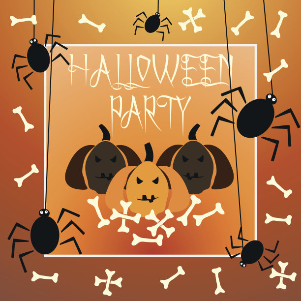 万圣节派对卡片上有南瓜，骨头，蜘蛛图片下载