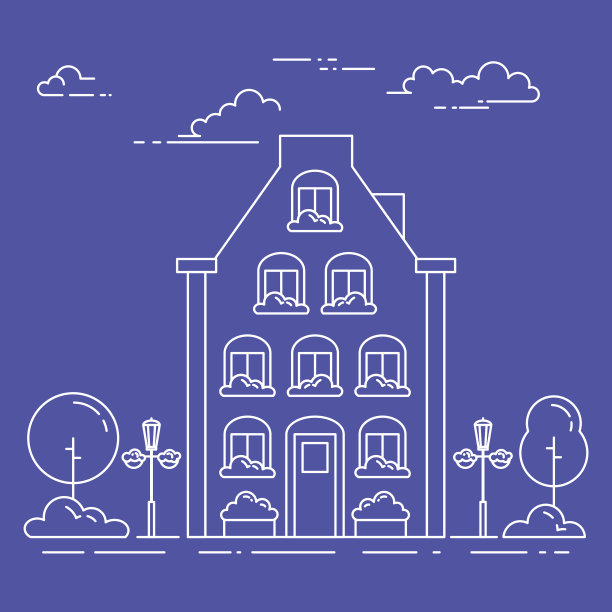 城市景观有房子，树和云。矢量插图。平面线条艺术风格。图片下载