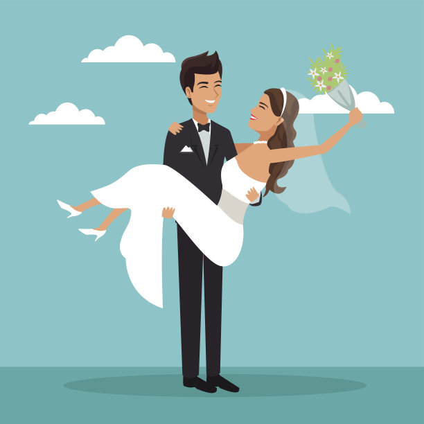 彩色天空景观背景与新婚夫妇新郎携带新娘和她与花束在你的手图片下载