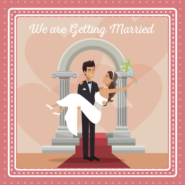 彩色贺卡与夫妇新郎携带新娘和她与花束在你的手，我们要结婚了图片下载