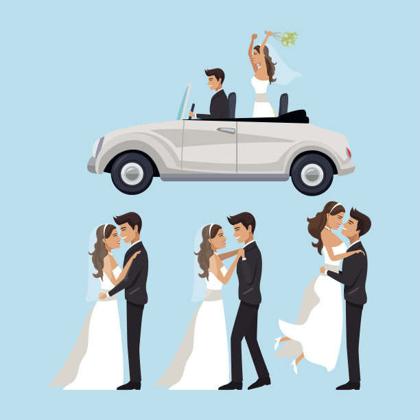 色彩背景与新婚夫妇在不同的站姿和车刚结婚的场景图片下载