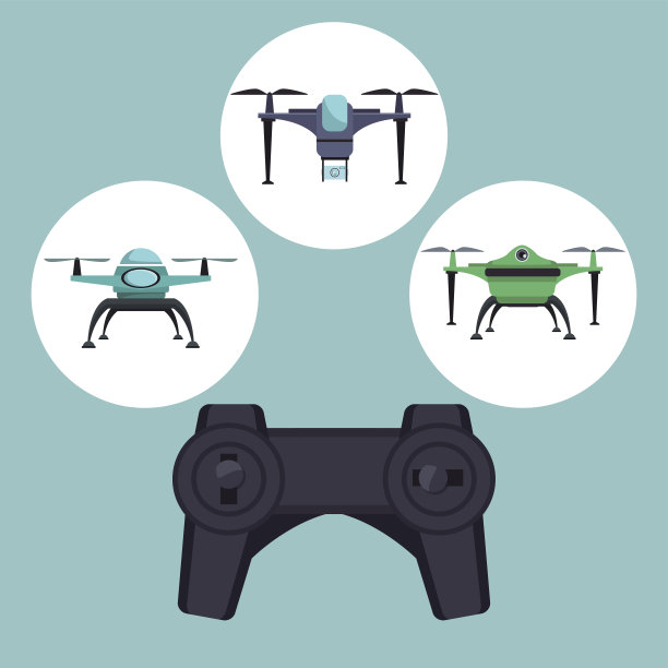 彩色背景与圆形框架设置图标四旋翼机和无人机与近距离遥控图片下载