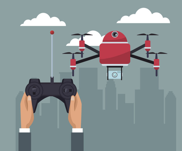 天空景观与建筑物场景和人处理遥控与红色四螺旋桨飞行和相机图片下载