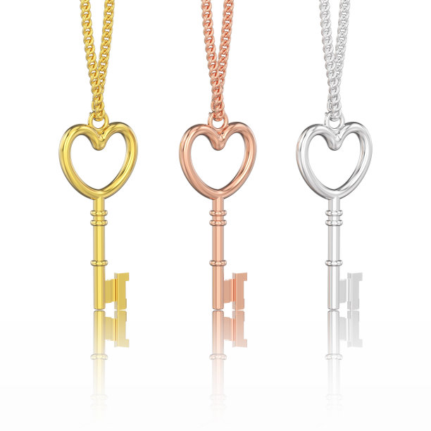 3D插图孤立的三个黄色，白色和玫瑰金装饰钥匙在心形项链的形式链与反射图片下载