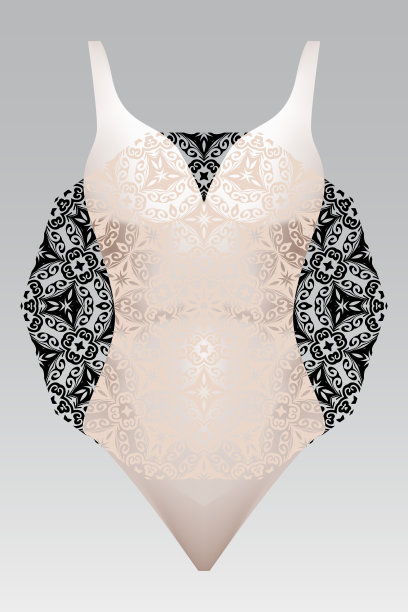 夏日游泳衣配以现代设计的米色曼陀罗点缀。时尚矢量插图。夏季设计布料。曼荼罗黑色背景层图片下载