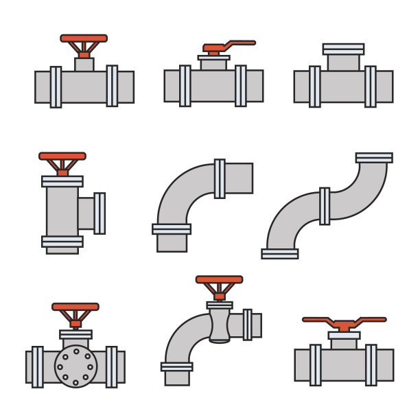 管道接头、阀门、管道工程的图标。图片下载