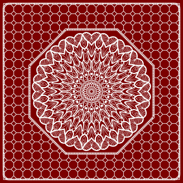 红色曼陀罗背景，几何图案与华丽的蕾丝框架。矢量插图。采购产品围巾印花，织物，封面，剪贴簿，手帕，帕雷奥，披肩，地毯设计。图片下载