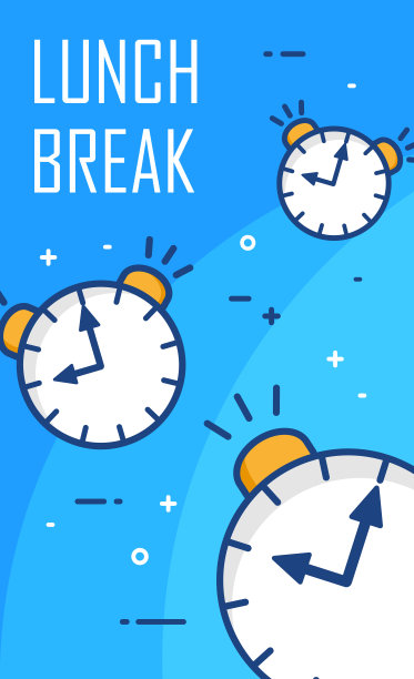 蓝色背景闹钟的午餐休息海报。细线平面设计。向量旗帜。图片下载