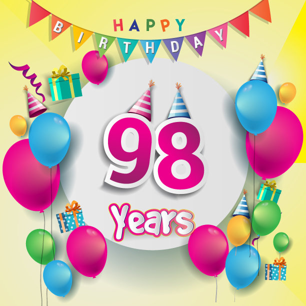 98周年庆典，生日卡或贺卡设计与礼品盒和气球，彩色矢量元素为庆祝周年派对。图片下载