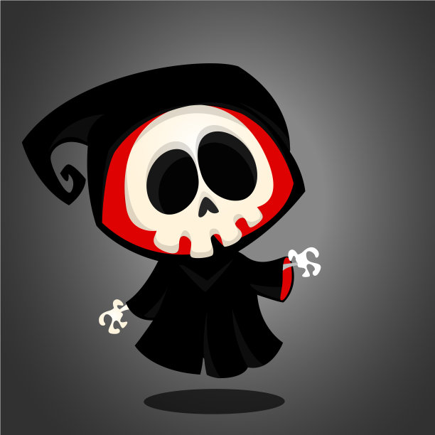 矢量插图卡通死亡万圣节怪物吉祥物孤立在黑暗的背景。可爱的卡通死神图片下载