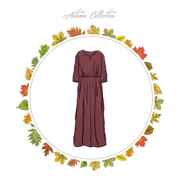 优雅的酒红色连衣裙，手绘衣服。秋天收集。秋叶的框架。矢量插图。图片下载