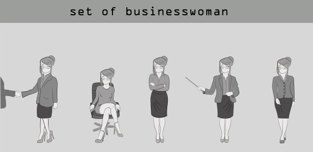 小个子女商人摆出各种姿势。手绘卡通矢量插图的商业设计和信息图表。图片下载