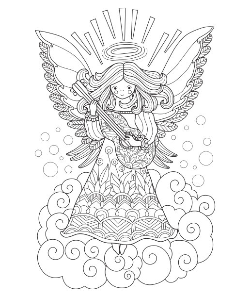 手绘天使弹吉他为成人涂色页。图片下载