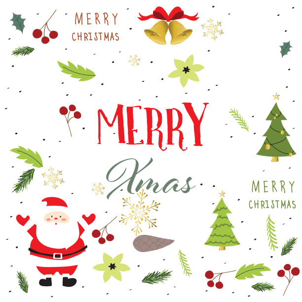 红绿相间的横幅、圣诞老人、雪花、铃铛和圣诞树图片下载