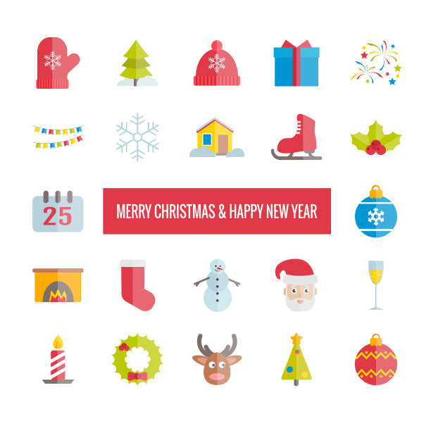 圣诞快乐和新年快乐矢量平面图标集。用于网页、印刷、移动应用程序设计的现代图标图片下载