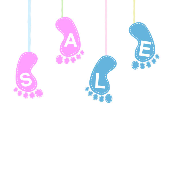 卖儿童产品。出售。婴儿商店海报模板。婴儿的足迹。图片下载