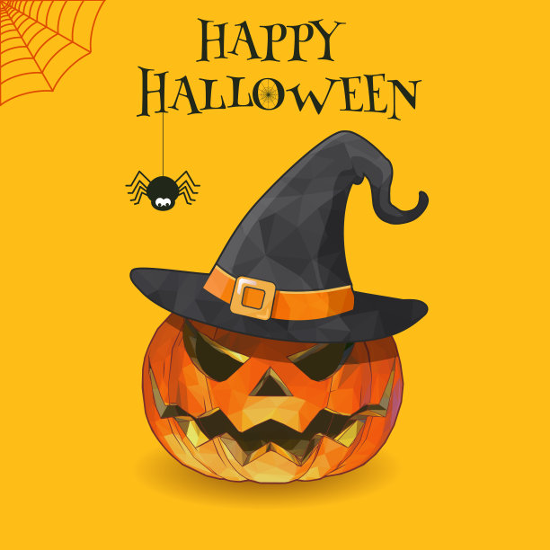 万圣节前夕，在黄色空间BG上有女巫帽的杰克灯图片下载