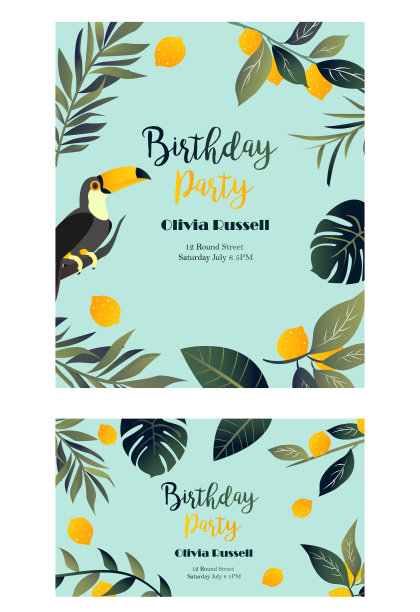热带夏威夷海报与巨嘴鸟。方模板。邀请,旗帜,卡。图片下载
