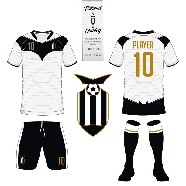 足球运动衫或足球工具包，短，短袜模板为运动俱乐部。足球t恤模型。前后视图足球制服。平面足球标志上的蓝色标签。向量。图片下载