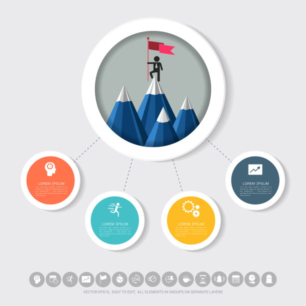 商业圈信息图表模板，四个步骤或选项，通过图表和图表沟通数据，使事实和统计数据更有趣，使数据驱动的论点更容易理解。图片下载