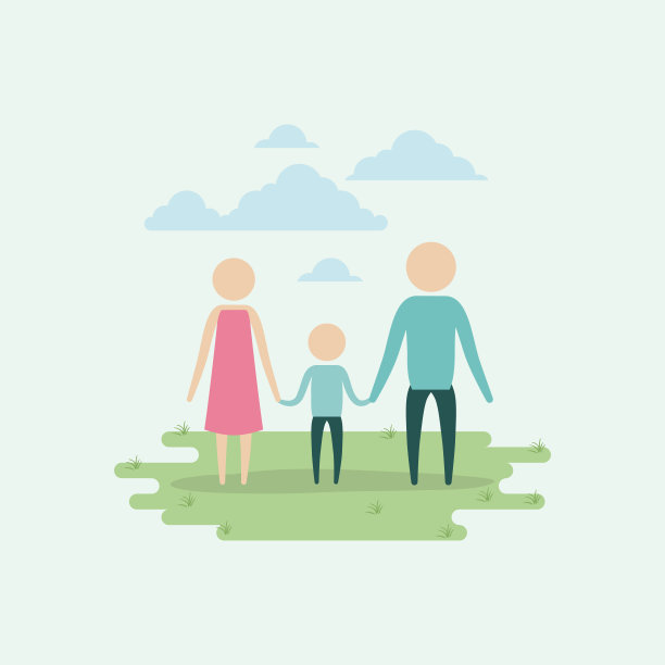 彩色背景天空景观和草的剪影设置象形男孩夫妇的手牵手图片下载