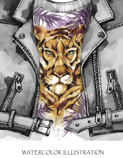 水彩风情时尚图案。手画虎头和热带树叶皮夹克。非洲动物的背景。野生动物插图。准备打印，贺卡图片下载