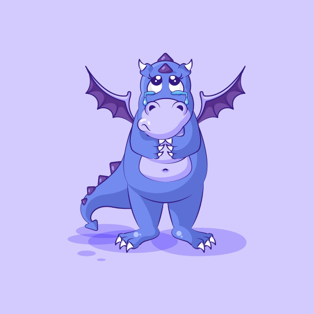 矢量表情符号卡通人物悲伤和沮丧的龙恐龙哭，眼泪贴纸表情图片下载