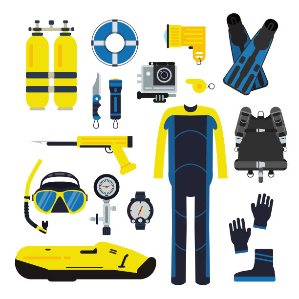 潜水员和设置元素的水下运动。平面风格的潜水插图图片下载