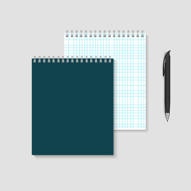 空白现实的螺旋方笔记本和钢笔模型。矢量图图片下载