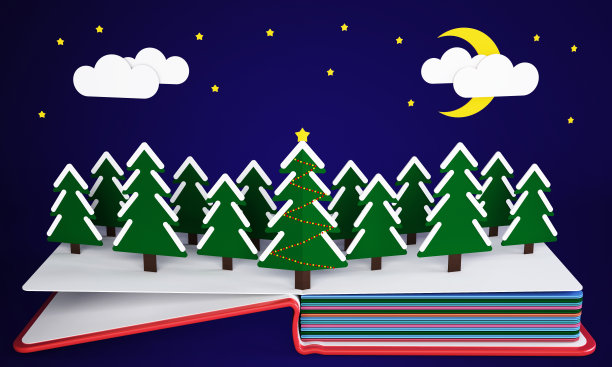 在云杉林中弹出一本书和一棵圣诞树图片下载