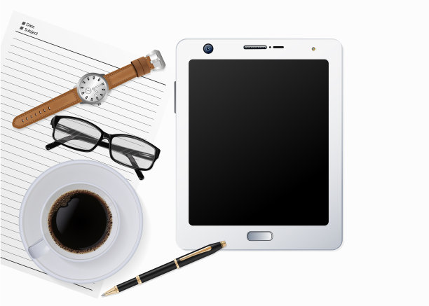 工作桌上有笔记本，钢笔，智能手机，手表，眼镜和一杯咖啡。顶部视图与复制空间。矢量插图。图片下载